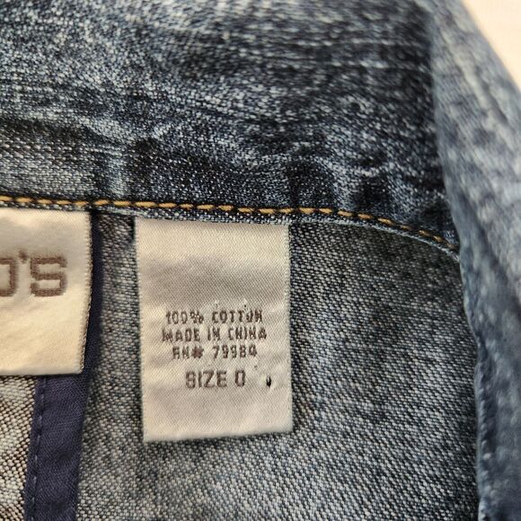 Jean Jacket Women's 0 Blue Denim Distressed Pockets Retro Boho Hippie Chico's - Picture 8 of 13